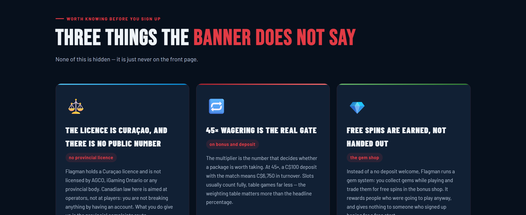 Flagman, offer conditions list, Code FSBONUS100 above the Flagman offer conditions list