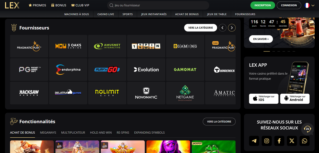 Lex Casino, account bonus area, Code FSBONUS100 in the Lex Casino account bonus area
