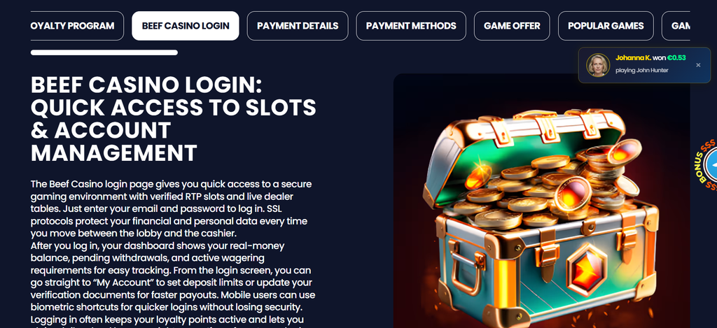 Beef Casino, bonus tab, Code FSBONUS100 displayed in the Beef Casino bonus tab